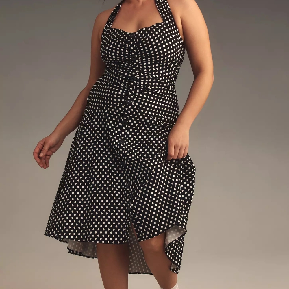 MAEVE Polka Dot Halter Dress Ruched Anthropolgie Retro Dress